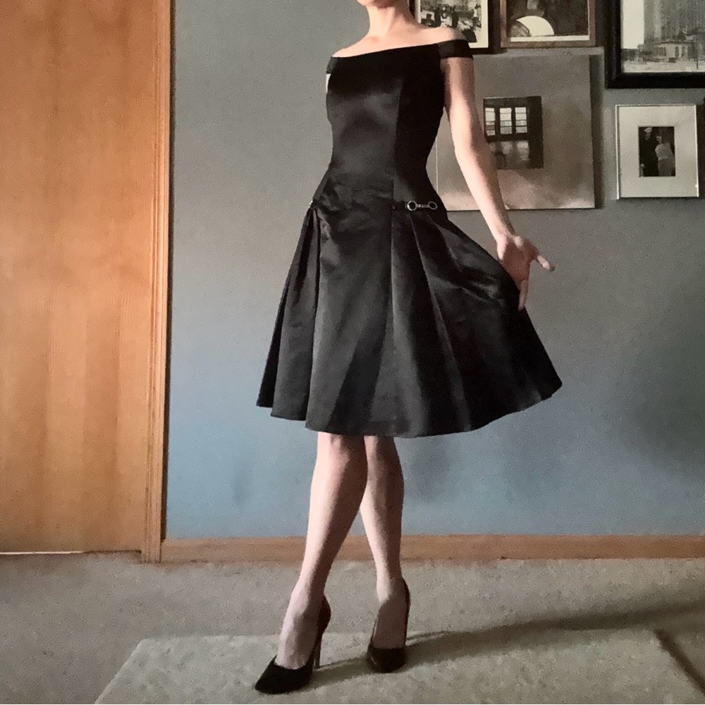 Jessica McClintock Black Satin Cocktail Dress w/ Jewel Accents